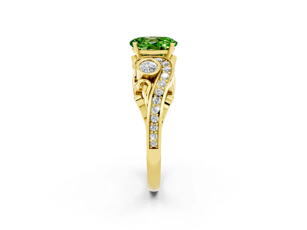 Yellow gold Oval Cut Peridot Solitaire Ring with Milgrain Pavé Band and Four-Prong Setting