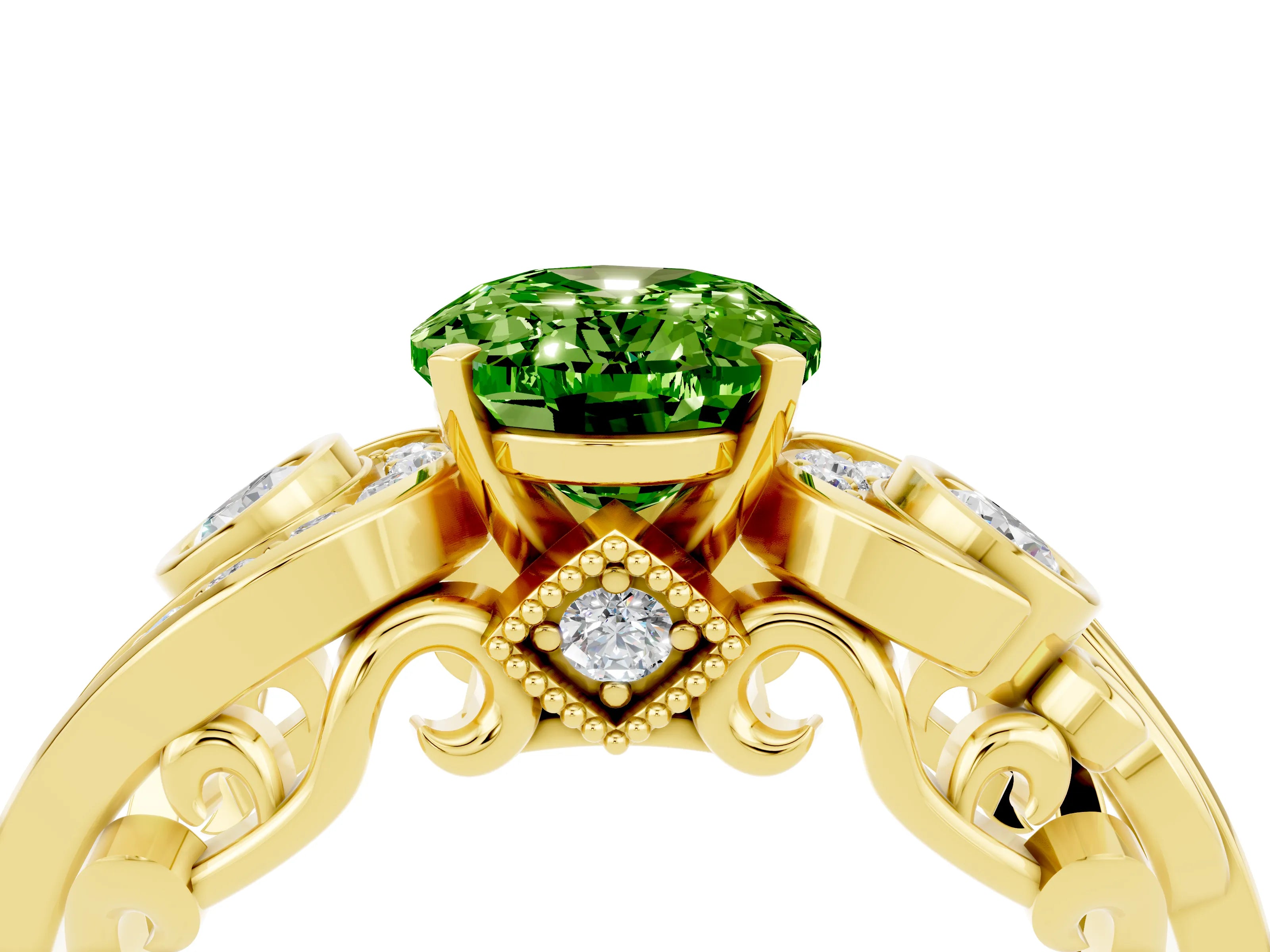 Yellow gold Oval Cut Peridot Solitaire Ring with Milgrain Pavé Band and Four-Prong Setting_28