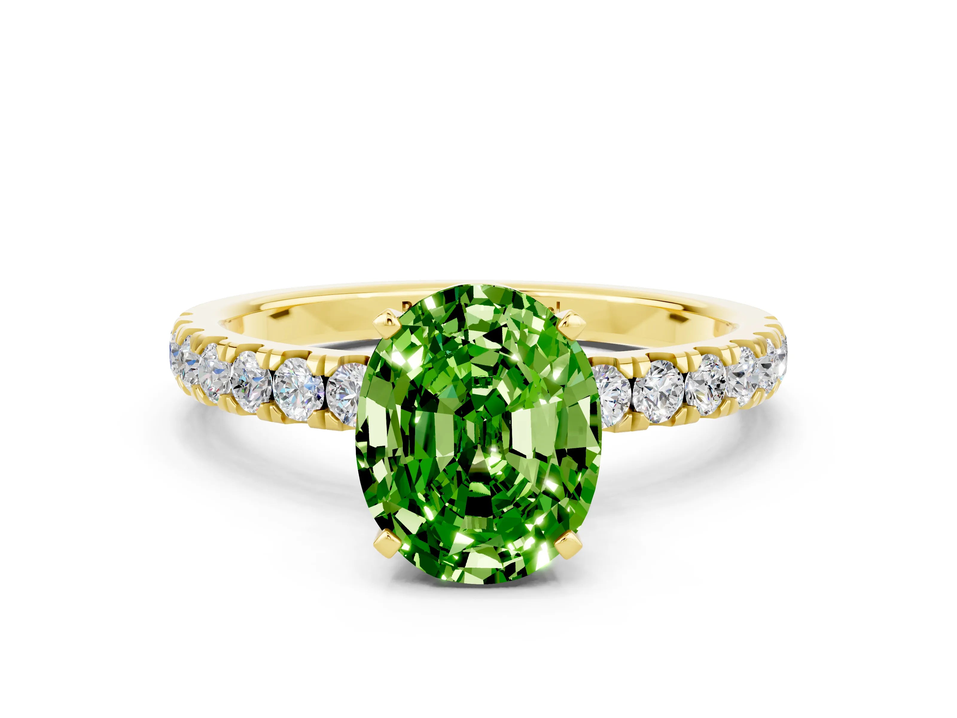 Yellow gold Oval Cut Peridot Solitaire Ring with Pavé Accents and Four-Prong Setting