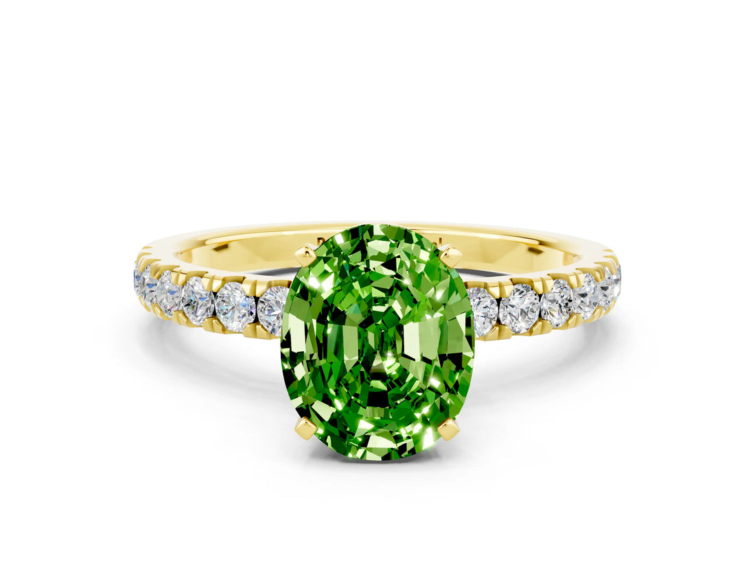 Yellow gold Oval Cut Peridot Solitaire Ring with Pavé Accents and Four-Prong Setting