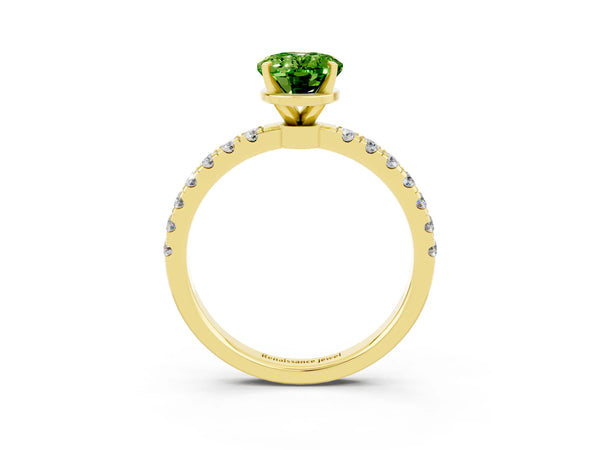 Yellow gold Oval Cut Peridot Solitaire Ring with Pavé Accents and Four-Prong Setting