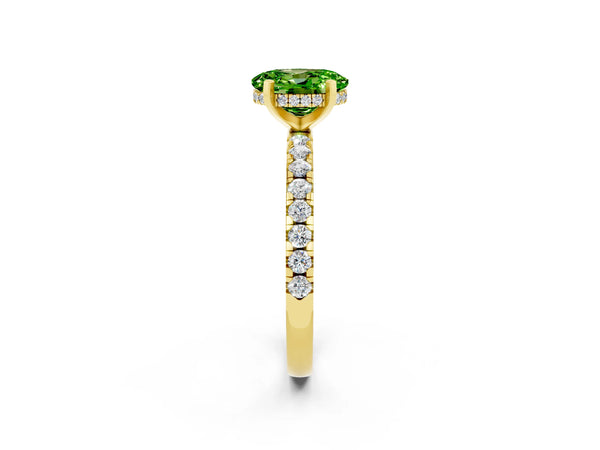 Yellow gold Oval Cut Peridot Solitaire Ring with Round  Pavé Band and Four-Prong Setting