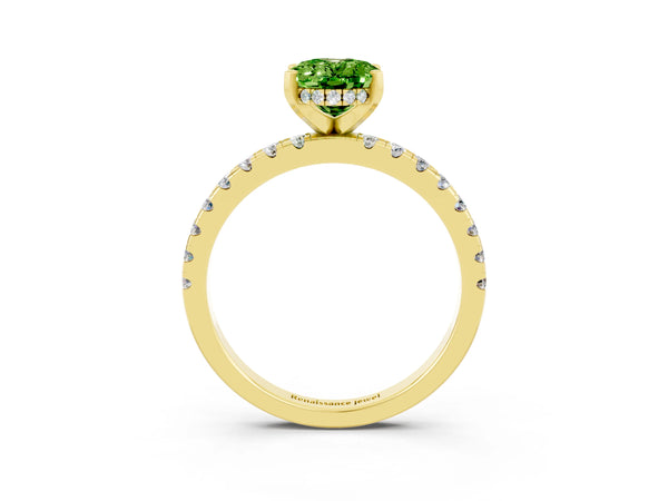 Yellow gold Oval Cut Peridot Solitaire Ring with Round  Pavé Band and Four-Prong Setting