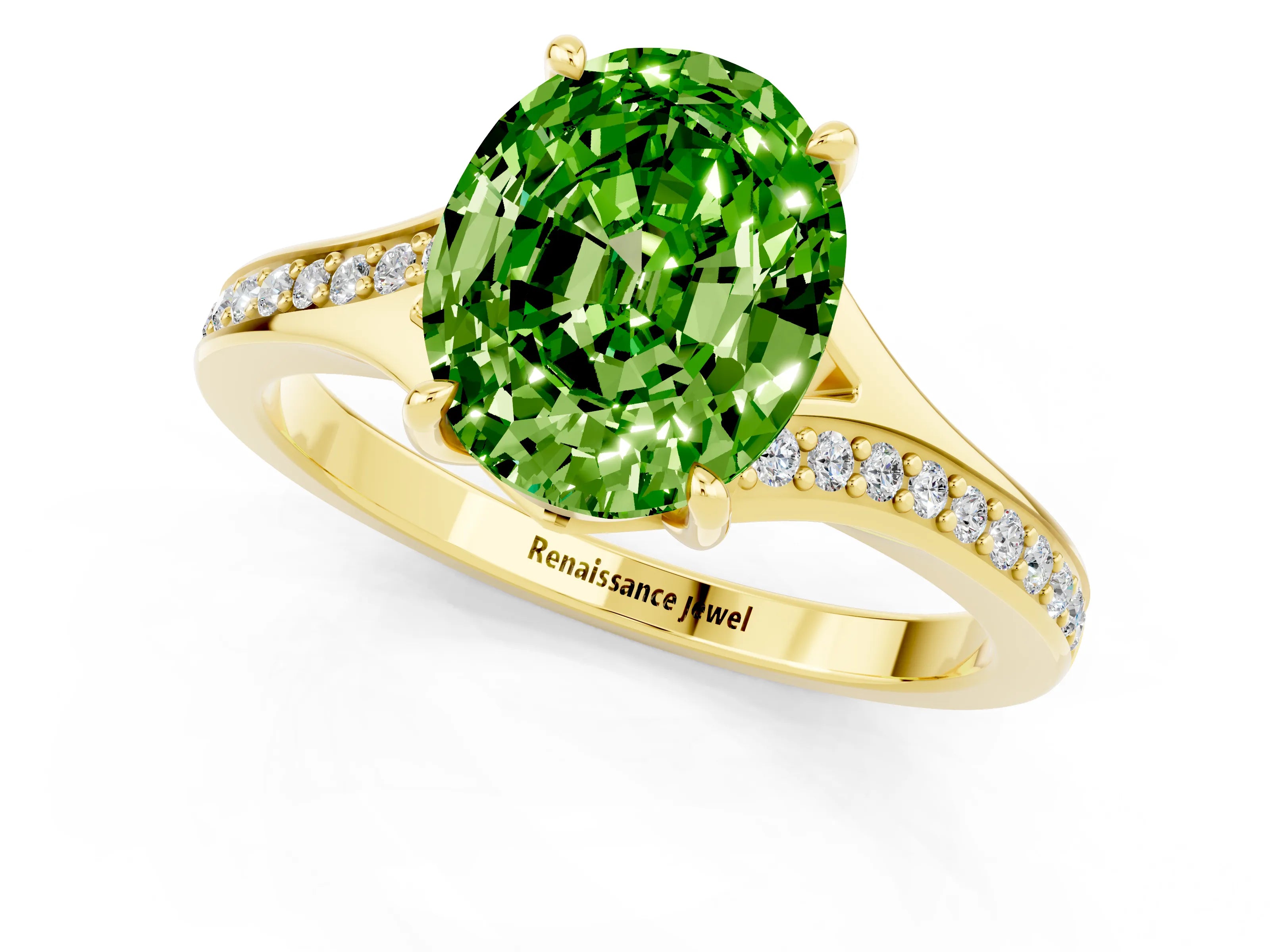 Yellow gold Oval Cut Peridot Solitaire Ring with Pavé Band and Prong Setting_13