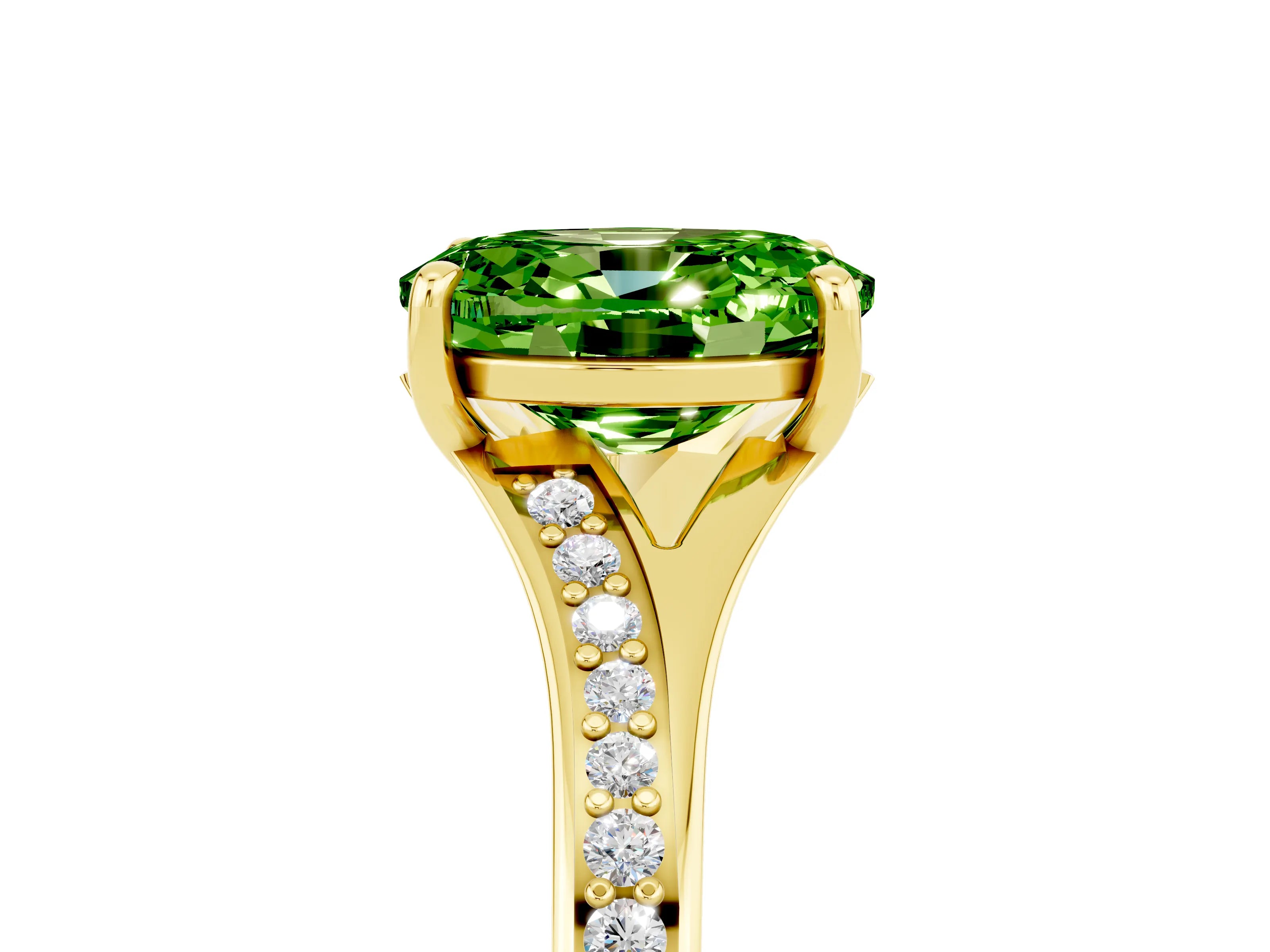 Yellow gold Oval Cut Peridot Solitaire Ring with Pavé Band and Prong Setting_17