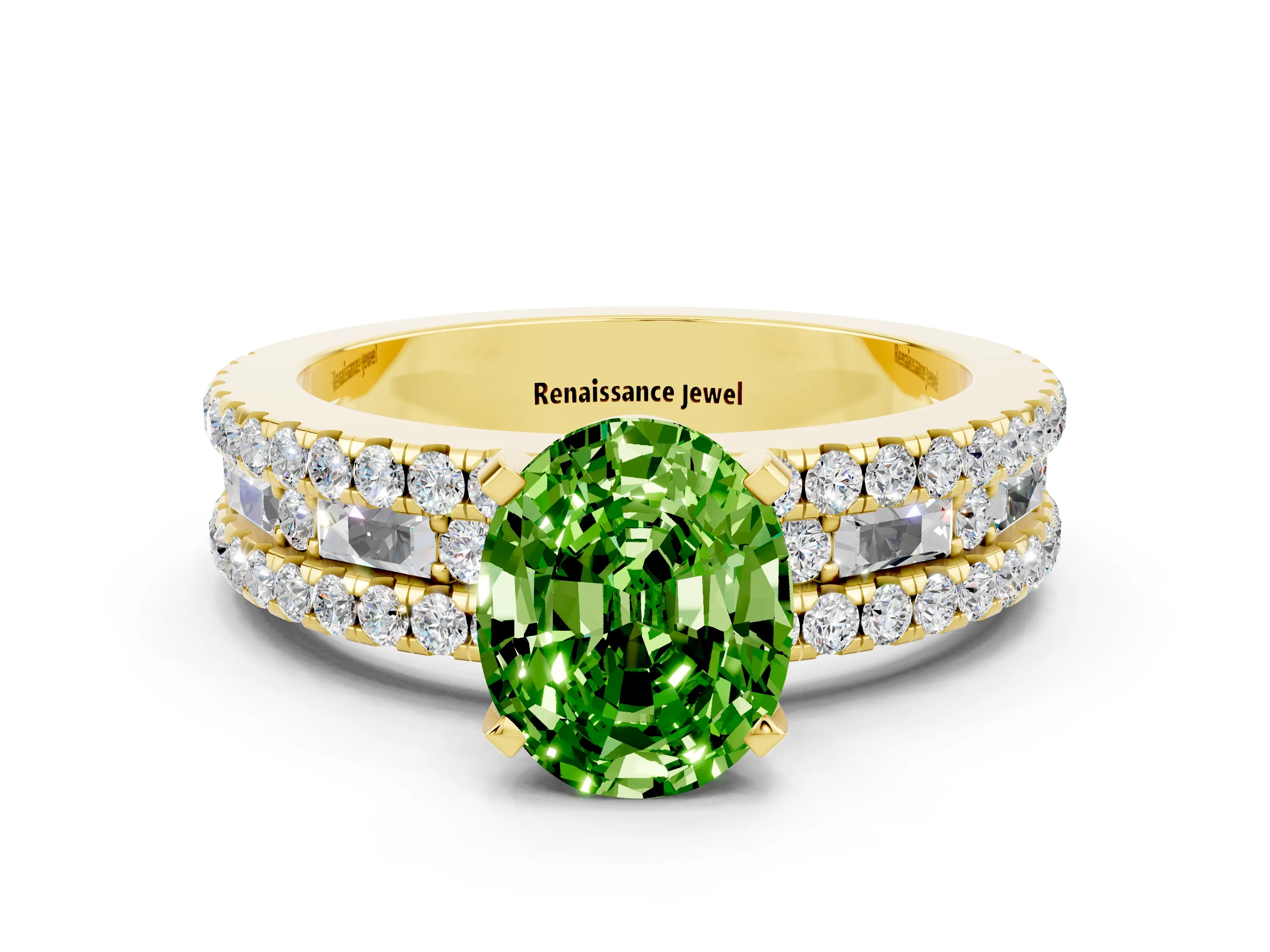 Yellow gold Oval Cut Peridot Solitaire Ring with Pavé and Channel Set Band