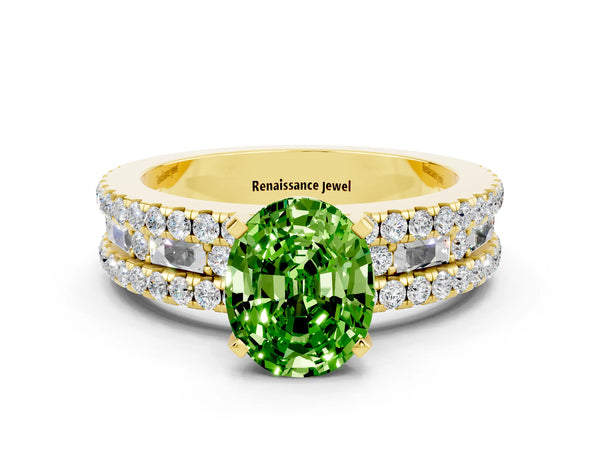 Yellow gold Oval Cut Peridot Solitaire Ring with Pavé and Channel Set Band