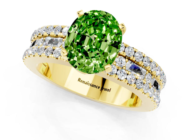 Yellow gold Oval Cut Peridot Solitaire Ring with Pavé and Channel Set Band