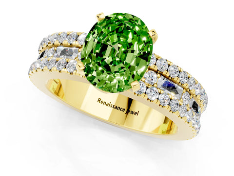 Yellow gold Oval Cut Peridot Solitaire Ring with Pavé and Channel Set Band_1
