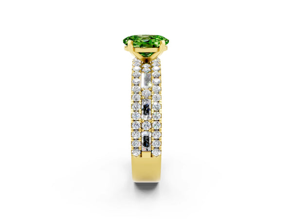 Yellow gold Oval Cut Peridot Solitaire Ring with Pavé and Channel Set Band