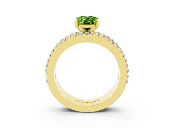 Yellow gold Oval Cut Peridot Solitaire Ring with Pavé and Channel Set Band
