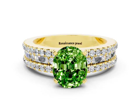 Yellow gold Oval Cut Peridot Solitaire Ring with Pavé and Channel Set Band