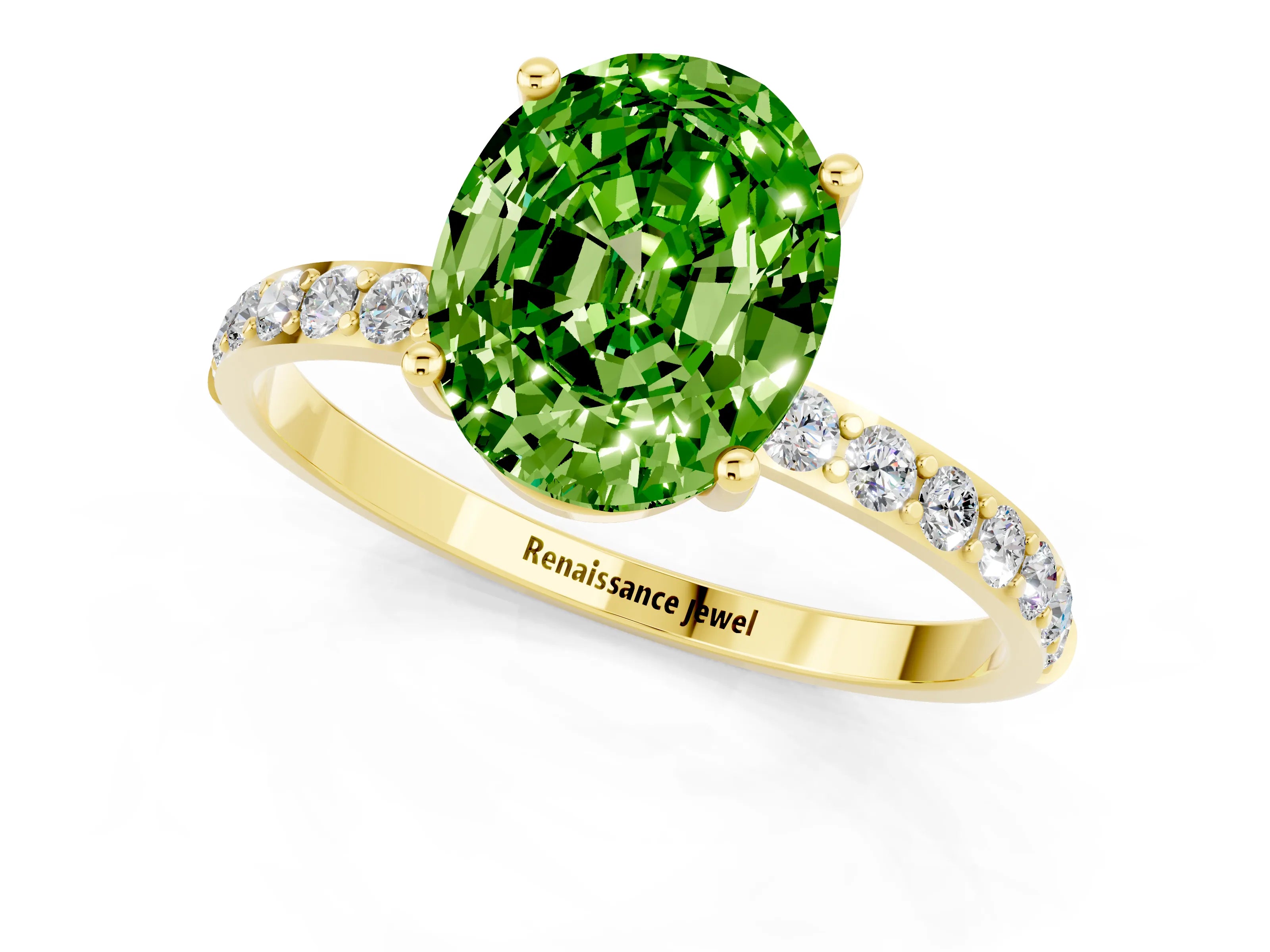 Yellow gold Oval Cut Peridot Solitaire Ring with Pave Band and Four Prong Setting_25