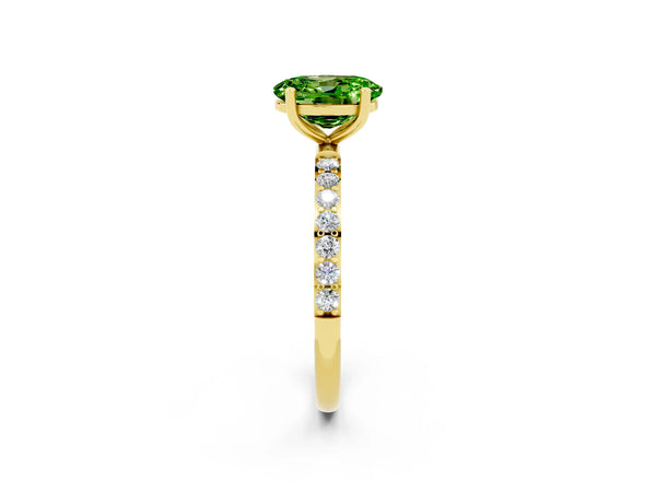 Yellow gold Oval Cut Peridot Solitaire Ring with Round  Pavé Band and Prong Setting