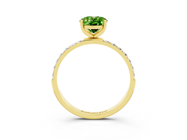 Yellow gold Oval Cut Peridot Solitaire Ring with Round  Pavé Band and Prong Setting