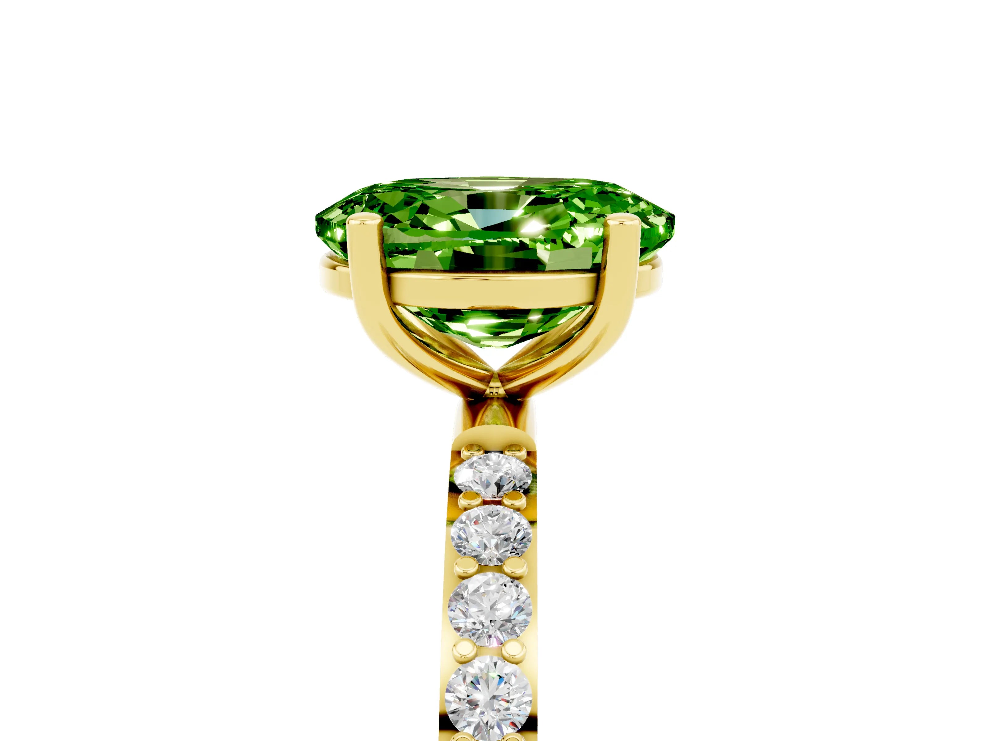 Yellow gold Oval Cut Peridot Solitaire Ring with Pave Band and Four Prong Setting_29