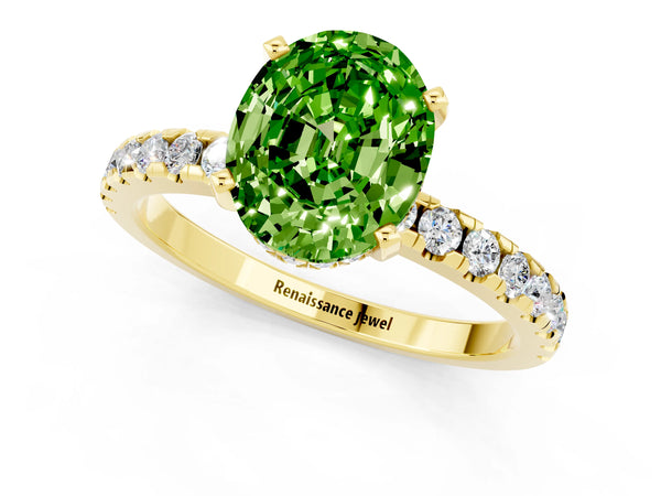 Yellow gold Oval Cut Peridot Solitaire Ring with Round  Pavé Band and Four-Prong Setting