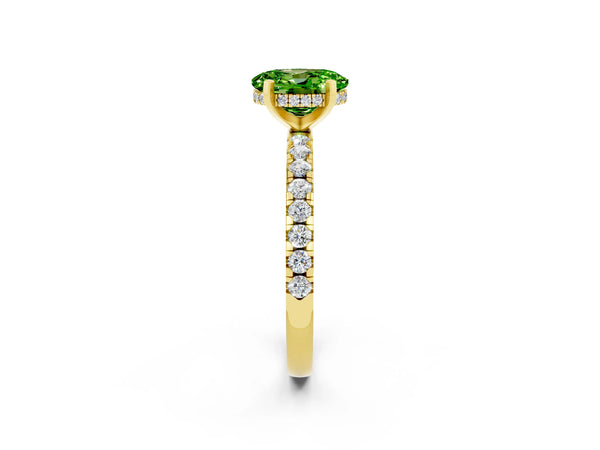 Yellow gold Oval Cut Peridot Solitaire Ring with Round  Pavé Band and Four-Prong Setting