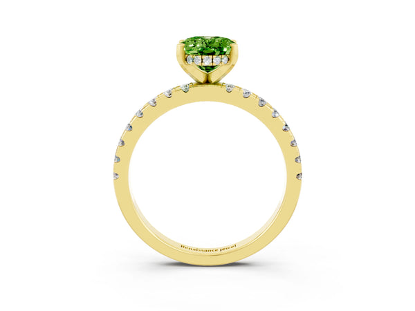 Yellow gold Oval Cut Peridot Solitaire Ring with Round  Pavé Band and Four-Prong Setting