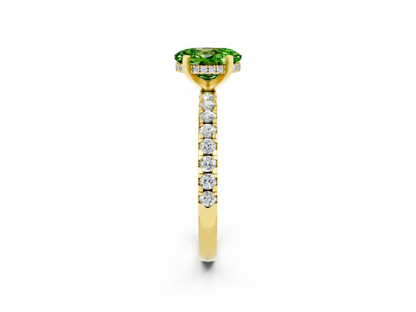 Yellow gold Oval Cut Peridot Solitaire Ring with Round Pavé Band and Four-Prong Setting
