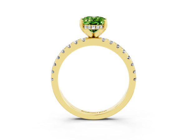 Yellow gold Oval Cut Peridot Solitaire Ring with Round Pavé Band and Four-Prong Setting