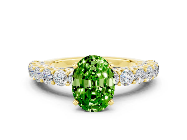 Yellow gold Oval Cut Peridot Solitaire Ring with Shared Prong Pavé Band and Four-Prong Setting