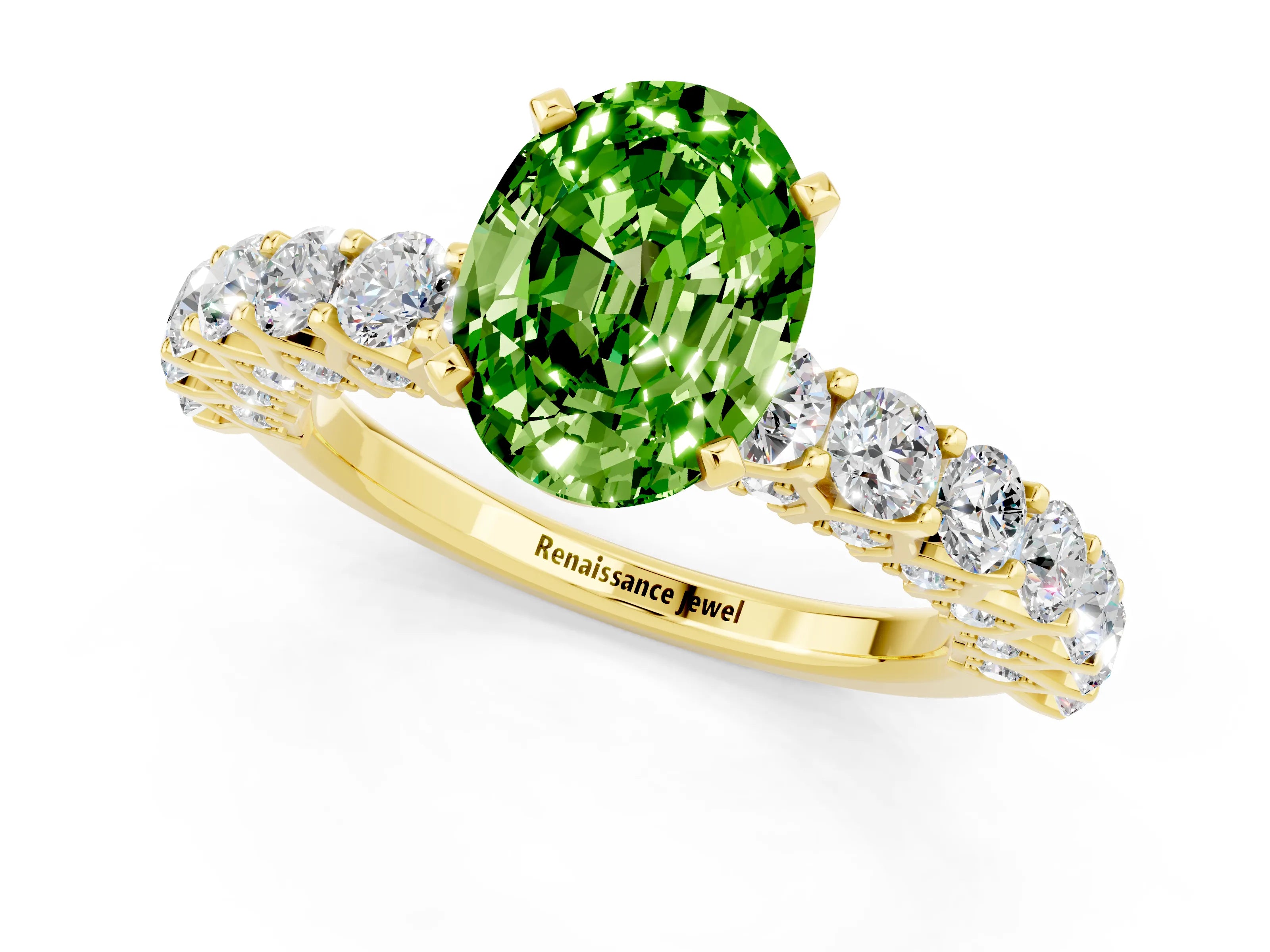 Yellow gold Oval Cut Peridot Solitaire Ring with Shared Prong Pavé Band and Four-Prong Setting_1