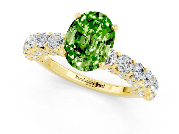 Yellow gold Oval Cut Peridot Solitaire Ring with Shared Prong Pavé Band and Four-Prong Setting