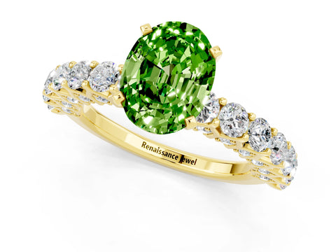 Yellow gold Oval Cut Peridot Solitaire Ring with Shared Prong Pavé Band and Four-Prong Setting_1
