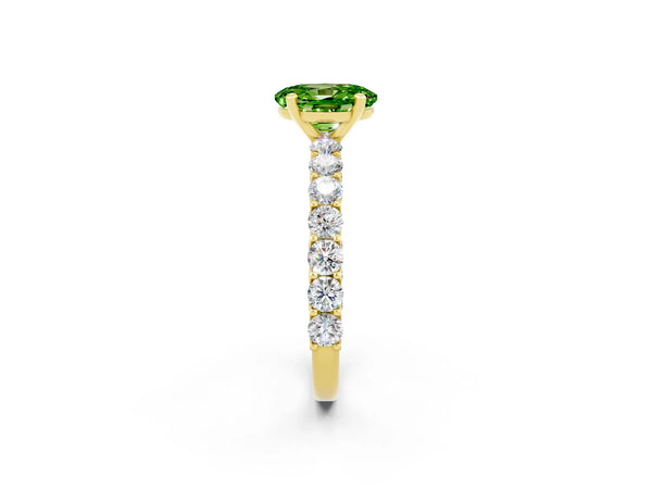 Yellow gold Oval Cut Peridot Solitaire Ring with Shared Prong Pavé Band and Four-Prong Setting