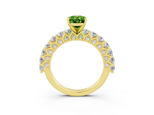 Yellow gold Oval Cut Peridot Solitaire Ring with Shared Prong Pavé Band and Four-Prong Setting