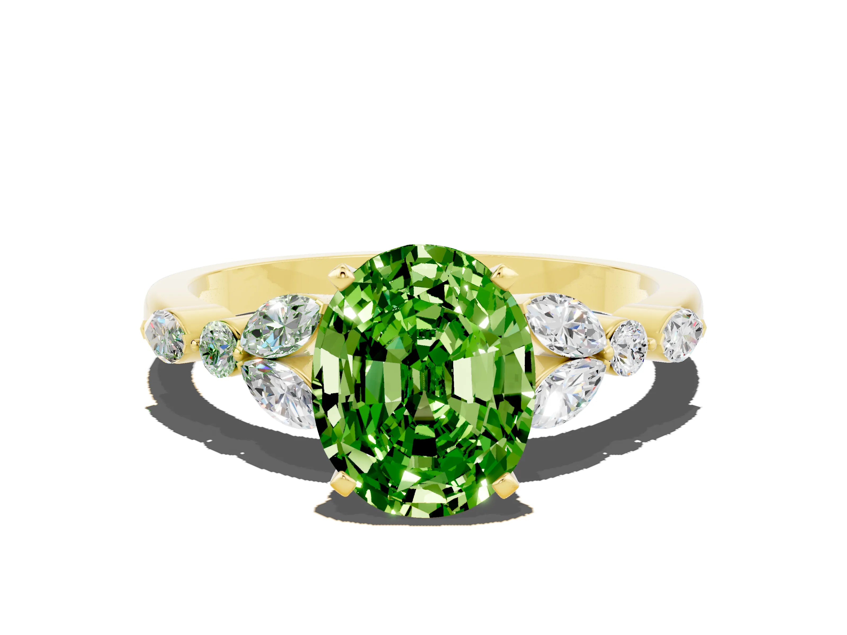 Yellow gold Oval Cut Peridot Solitaire Ring with Side Stones and Four-Prong Setting_12