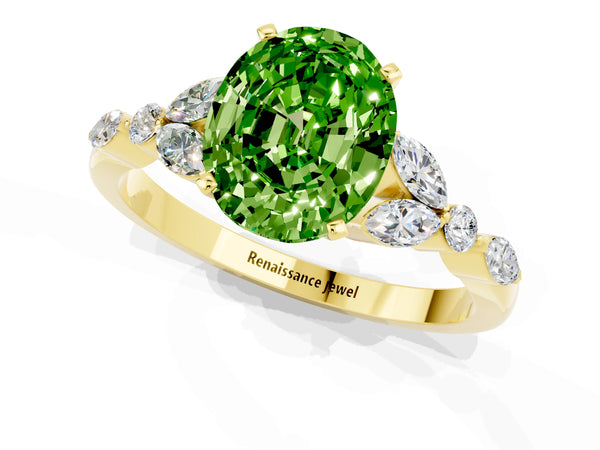 Yellow gold Oval Cut Peridot Solitaire Ring with Side Stones and Four-Prong Setting
