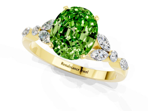 Yellow gold Oval Cut Peridot Solitaire Ring with Side Stones and Four-Prong Setting_13
