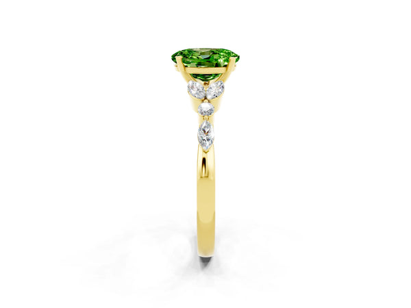Yellow gold Oval Cut Peridot Solitaire Ring with Side Stones and Four-Prong Setting