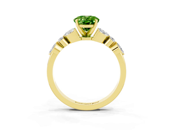 Yellow gold Oval Cut Peridot Solitaire Ring with Side Stones and Four-Prong Setting