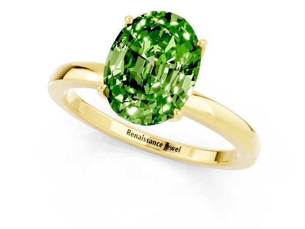 Yellow gold Oval Cut Peridot Solitaire Ring with Thin Band and Prong Setting