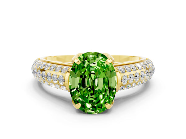 Yellow gold Oval Cut Peridot Solitaire Ring with Three-Row Pavé Band and Four-Prong Setting
