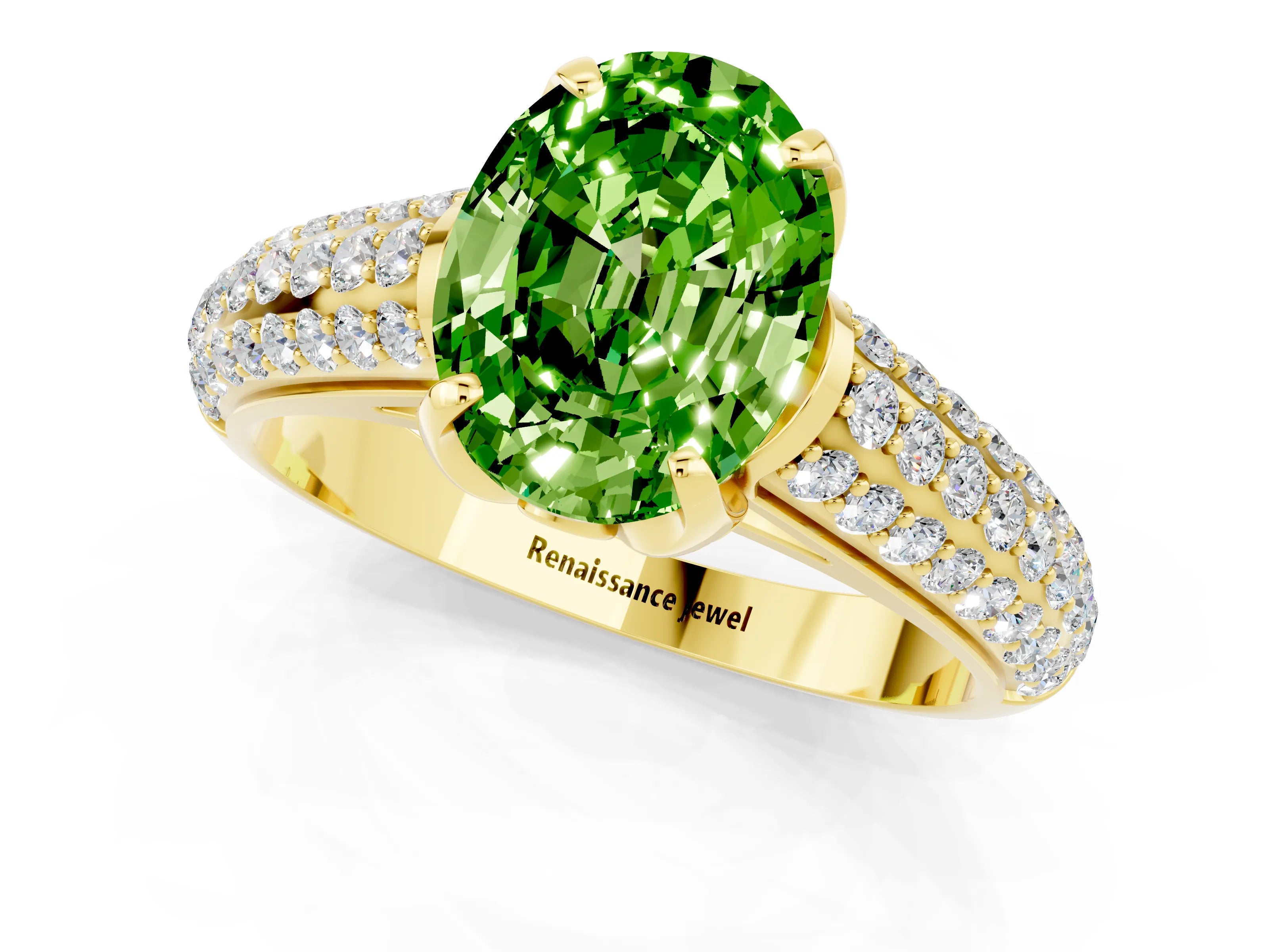Yellow gold Oval Cut Peridot Solitaire Ring with Three-Row Pavé Band and Four-Prong Setting_13