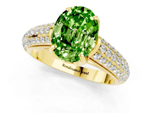 Yellow gold Oval Cut Peridot Solitaire Ring with Three-Row Pavé Band and Four-Prong Setting_13