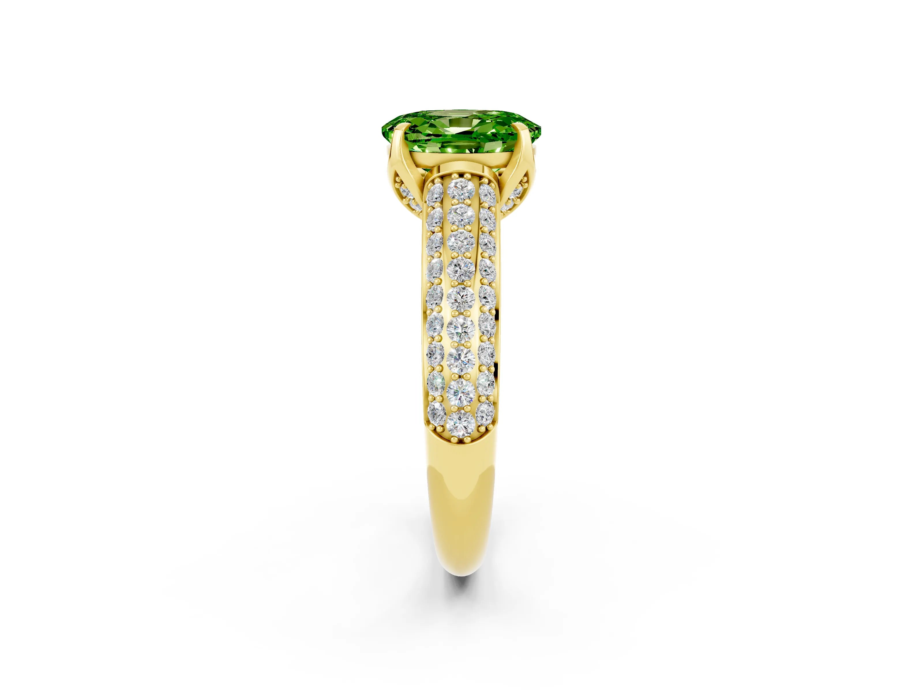 Yellow gold Oval Cut Peridot Solitaire Ring with Three-Row Pavé Band and Four-Prong Setting_14