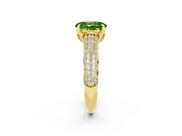 Yellow gold Oval Cut Peridot Solitaire Ring with Three-Row Pavé Band and Four-Prong Setting
