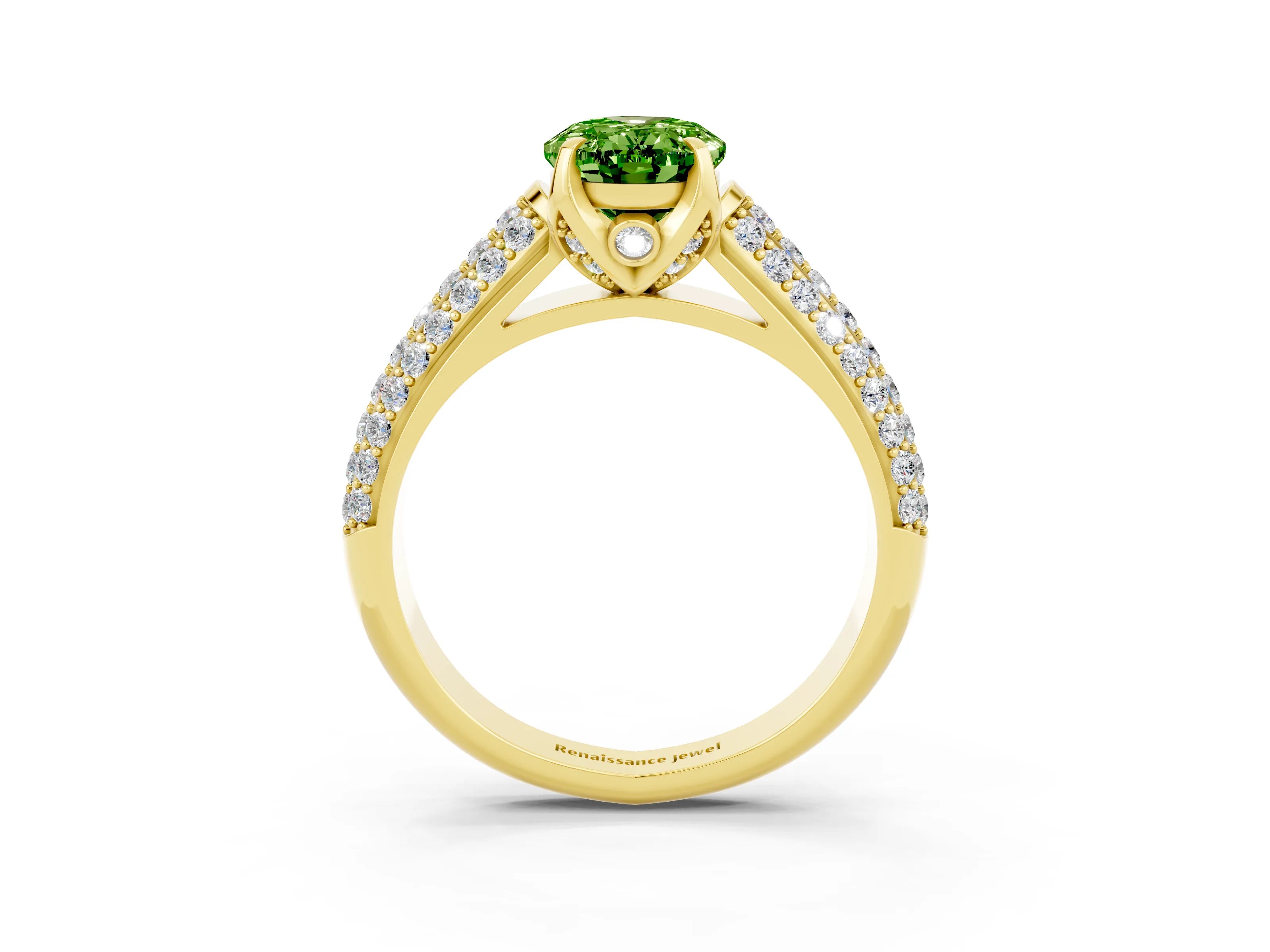 Yellow gold Oval Cut Peridot Solitaire Ring with Three-Row Pavé Band and Four-Prong Setting_15