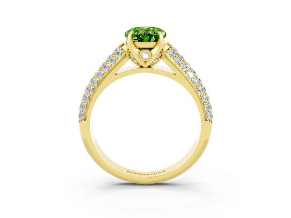 Yellow gold Oval Cut Peridot Solitaire Ring with Three-Row Pavé Band and Four-Prong Setting