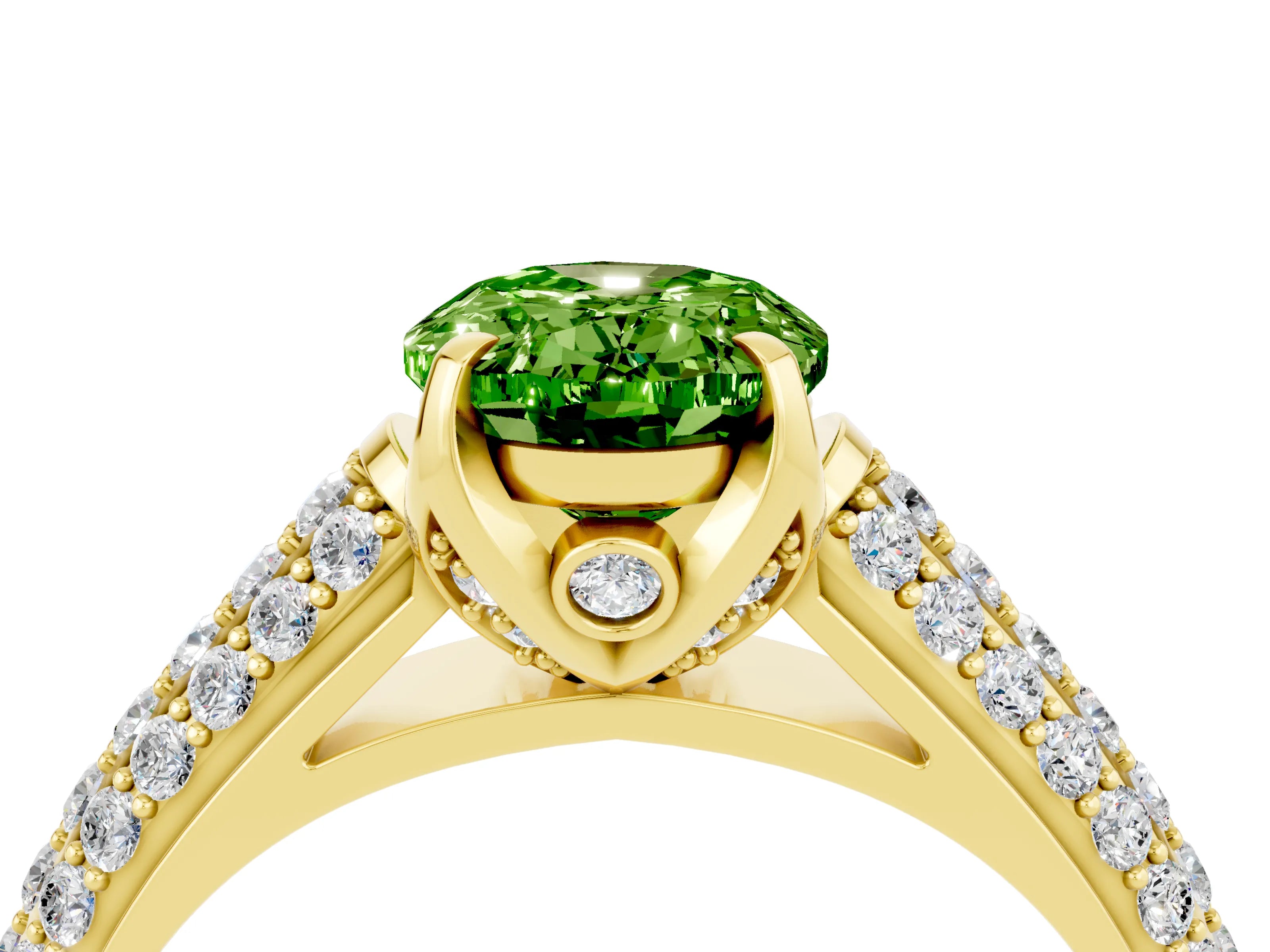 Yellow gold Oval Cut Peridot Solitaire Ring with Three-Row Pavé Band and Four-Prong Setting_16