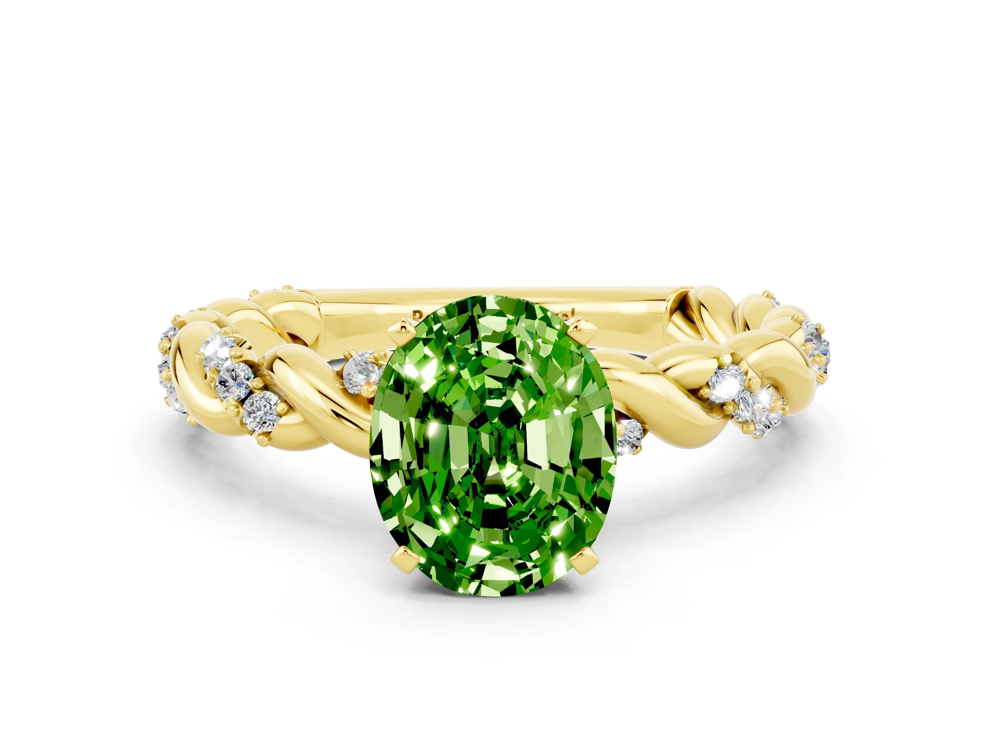 Yellow gold Oval Cut Peridot Solitaire Ring with Twisted Band and Pavé Accents