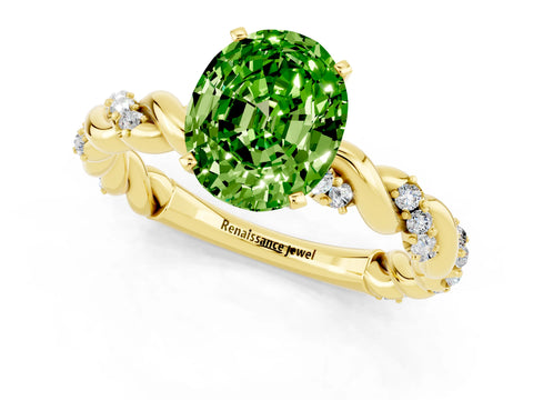 Yellow gold Oval Cut Peridot Solitaire Ring with Twisted Band and Pavé Accents_1