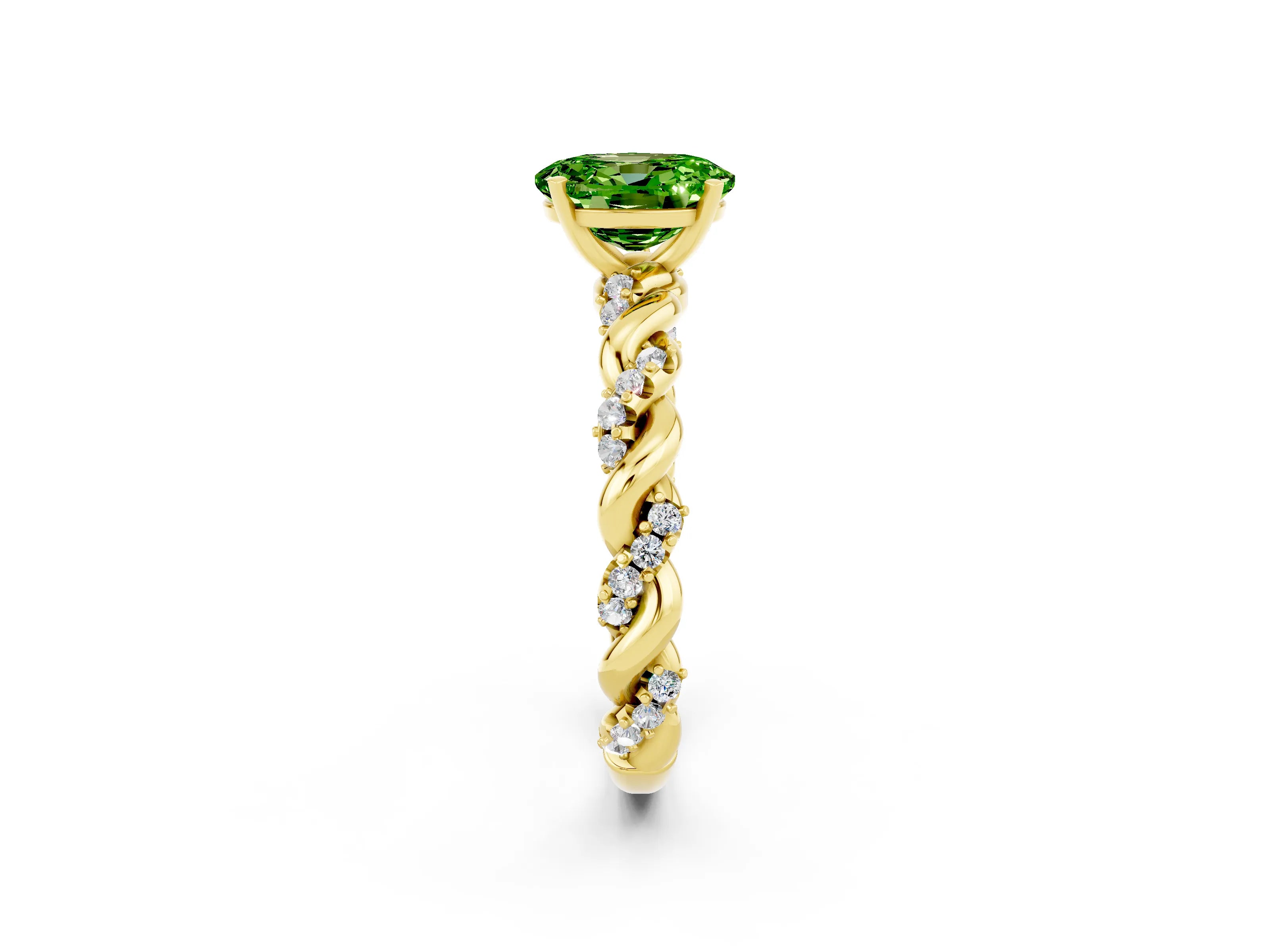 Yellow gold Oval Cut Peridot Solitaire Ring with Twisted Band and Pavé Accents_2