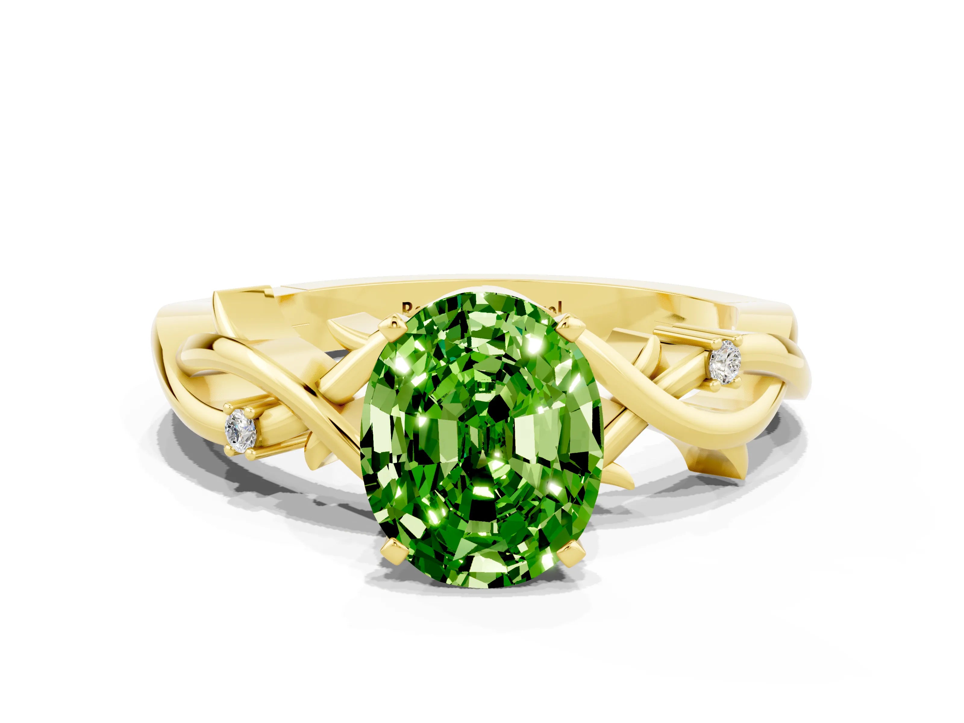 Yellow gold Oval Cut Peridot Solitaire Ring with Twisted Band and Prong Setting