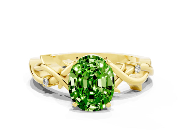 Yellow gold Oval Cut Peridot Solitaire Ring with Twisted Band and Prong Setting